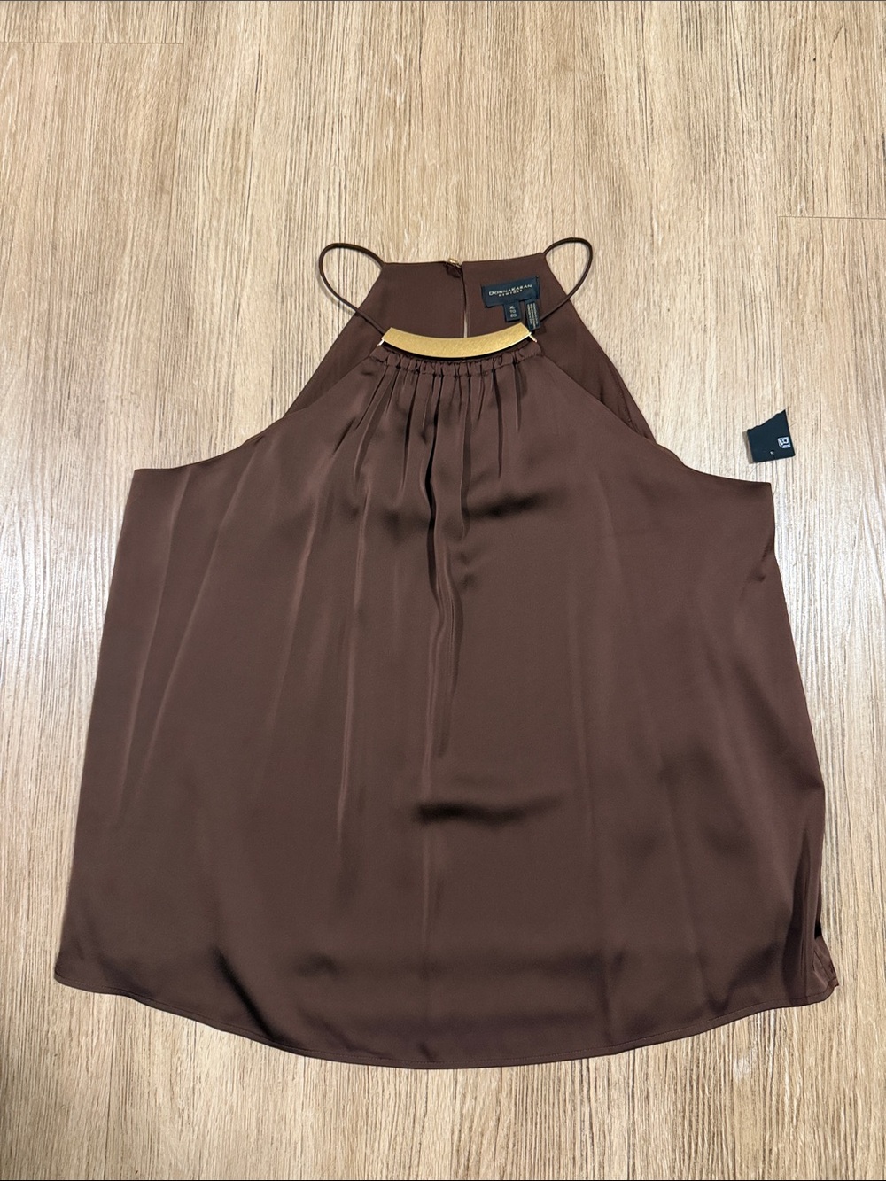 Donna Karan Brown Halter Satin Camisole with Gold Trim XL